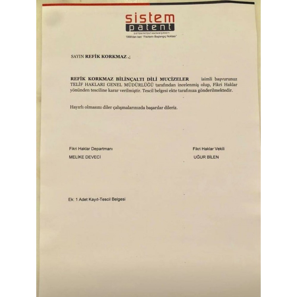  REFİK KORKMAZ BİLİNÇALTI DİLİ MUCİZELER SİSTEMİ PATENT