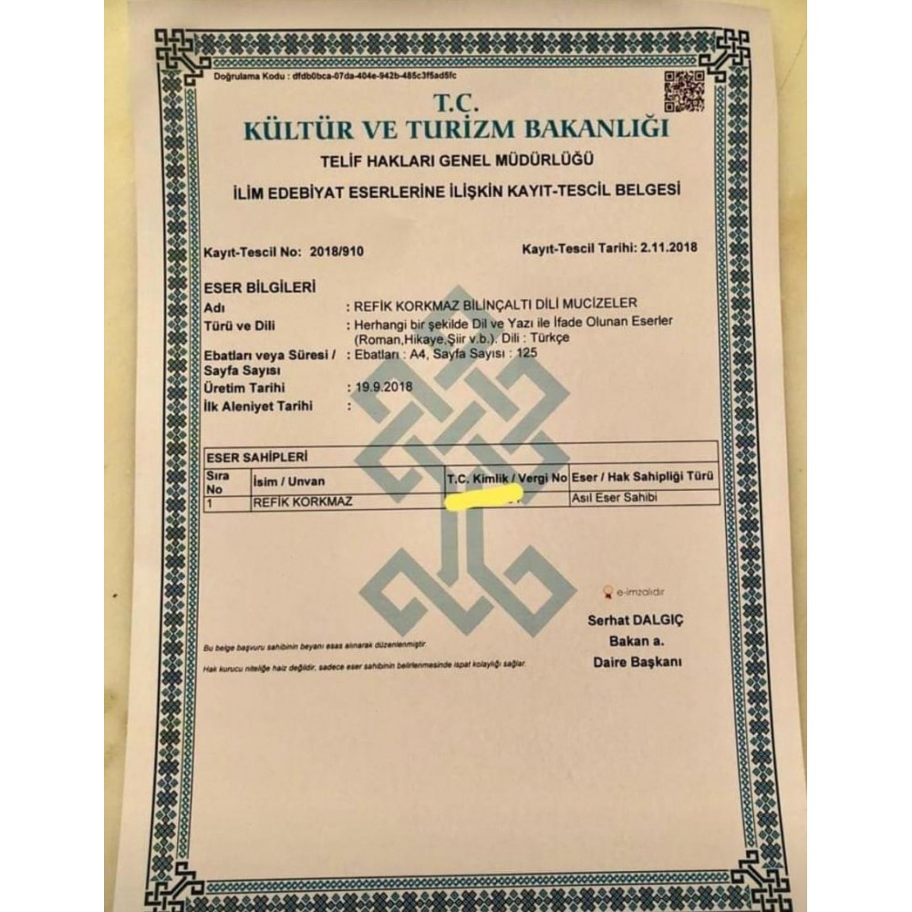 REFİK KORKMAZ BİLİNÇALTI DİLİ MUCİZELERİ SİSTEMİ PATENT YAZISI