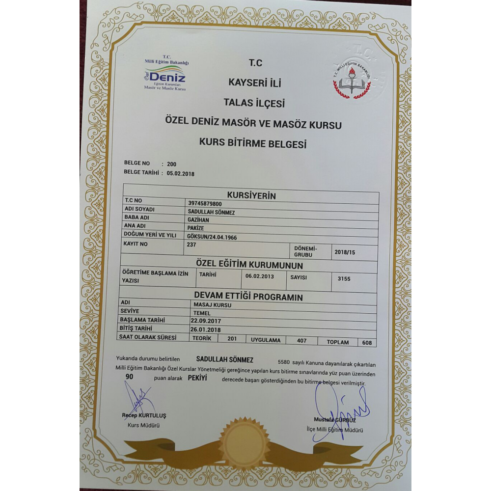 ÖZEL DENİZ MASÖR VE MASÖZ KURS BİTİRME BELGESİ